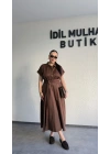 Kahverengi Poplin Kuşaklı Gömlek Elbise