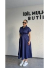 Lacivert Poplin Kuşaklı Gömlek Elbise