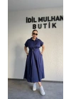 Lacivert Poplin Kuşaklı Gömlek Elbise