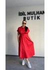 Kırmızı Poplin Kuşaklı Gömlek Elbise
