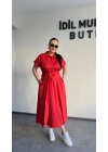 Kırmızı Poplin Kuşaklı Gömlek Elbise