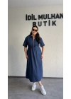 Lacivert Fermuar Detaylı Denim Elbise