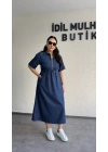 Lacivert Fermuar Detaylı Denim Elbise