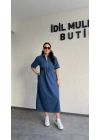 Mavi Fermuar Detaylı Denim Elbise