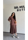 Kahverengi Eteği Saten Dantel Detaylı Elbise