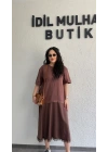 Kahverengi Eteği Saten Dantel Detaylı Elbise