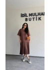 Kahverengi Eteği Saten Dantel Detaylı Elbise