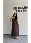 Kahverengi Tek Omuz Gold Desen Detaylı Elbise