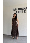 Kahverengi Tek Omuz Gold Desen Detaylı Elbise