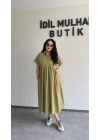 Yağ Yeşili Cep Detaylı Poplin Elbise