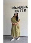 Yağ Yeşili Cep Detaylı Poplin Elbise