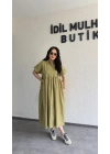 Yağ Yeşili Cep Detaylı Poplin Elbise