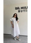 Beyaz Cep Detaylı Poplin Elbise