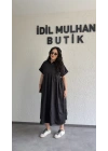 Siyah Cep Detaylı Poplin Elbise