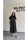 Siyah Cep Detaylı Poplin Elbise