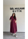 Bordo Oysh Kumaş Godeli Elbise