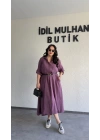 Mürdüm Tensel Dokulu Kemerli Elbise