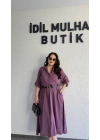 Mürdüm Tensel Dokulu Kemerli Elbise