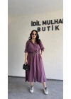 Mürdüm Tensel Dokulu Kemerli Elbise