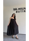 Siyah Ayarlanabilir Askılı Pamuk Elbise