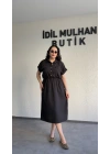 Siyah Kuşak Detaylı Krinkıl Elbise