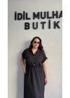 Siyah Kuşak Detaylı Krinkıl Elbise