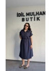 Lacivert Kuşak Detaylı Krinkıl Elbise