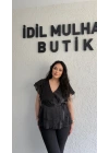 Siyah Kruvaze Yan Bağcıklı Organze Bluz
