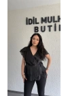 Siyah Kruvaze Yan Bağcıklı Organze Bluz