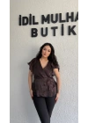 Kahverengi Kruvaze Yan Bağcıklı Organze Bluz