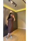 Kahverengi Süs Cep Detaylı Poplin Elbise