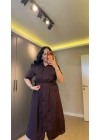 Bordo Süs Cep Detaylı Poplin Elbise
