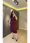 Bordo Nisbet Kumaş Eteği Astarlı Elbise