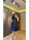 Lacivert Eteği Fırfırlı Kolsuz Kot Elbise