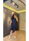 Lacivert Eteği Fırfırlı Kolsuz Kot Elbise