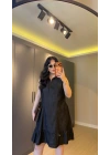 Siyah Eteği Fırfırlı Kolsuz Kot Elbise