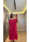 Pembe Madonna Yaka Etek Ucu Fırfırlı Elbise