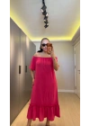 Pembe Madonna Yaka Etek Ucu Fırfırlı Elbise