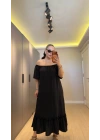 Siyah Madonna Yaka Etek Ucu Fırfırlı Elbise