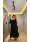Siyah Madonna Yaka Etek Ucu Fırfırlı Elbise