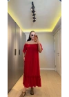 Bordo Madonna Yaka Etek Ucu Fırfırlı Elbise