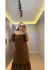 Kahverengi Madonna Yaka Etek Ucu Fırfırlı Elbise