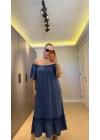 İndigo Mavi Madonna Yaka Etek Ucu Fırfırlı Elbise