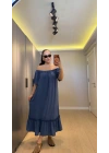 İndigo Mavi Madonna Yaka Etek Ucu Fırfırlı Elbise