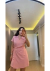 Pembe Parıltı Detaylı Kruvaze Elbise