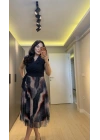 Lacivert Batik Desenli Kuşaklı Şifon Elbise