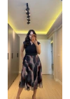 Lacivert Batik Desenli Kuşaklı Şifon Elbise