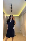 Lacivert Oysh Kumaş Beyaz Renk Bloklu Polo Yaka Elbise
