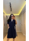 Lacivert Oysh Kumaş Beyaz Renk Bloklu Polo Yaka Elbise