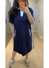 Lacivert Oysh Kumaş Beyaz Renk Bloklu Polo Yaka Elbise